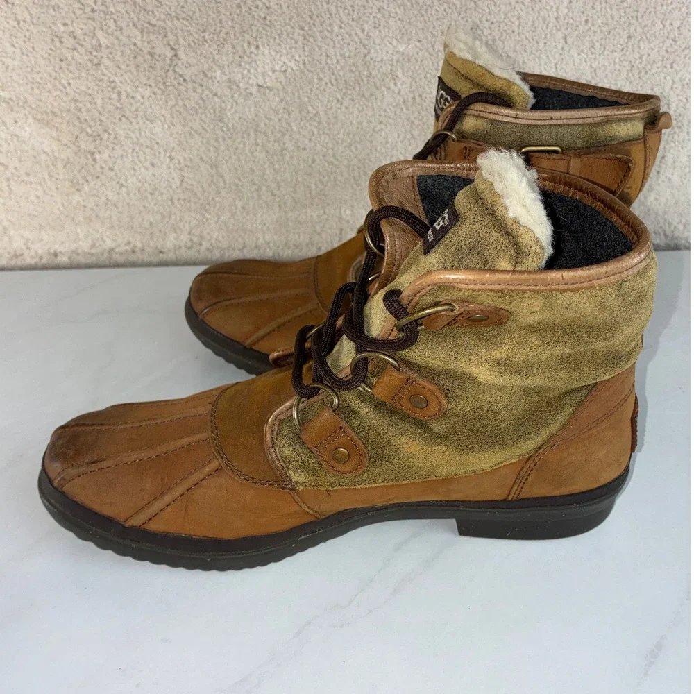 UGG Tan Leather Suede Duck Boots - 10 - Waterproof Shearling 1007999 Winter